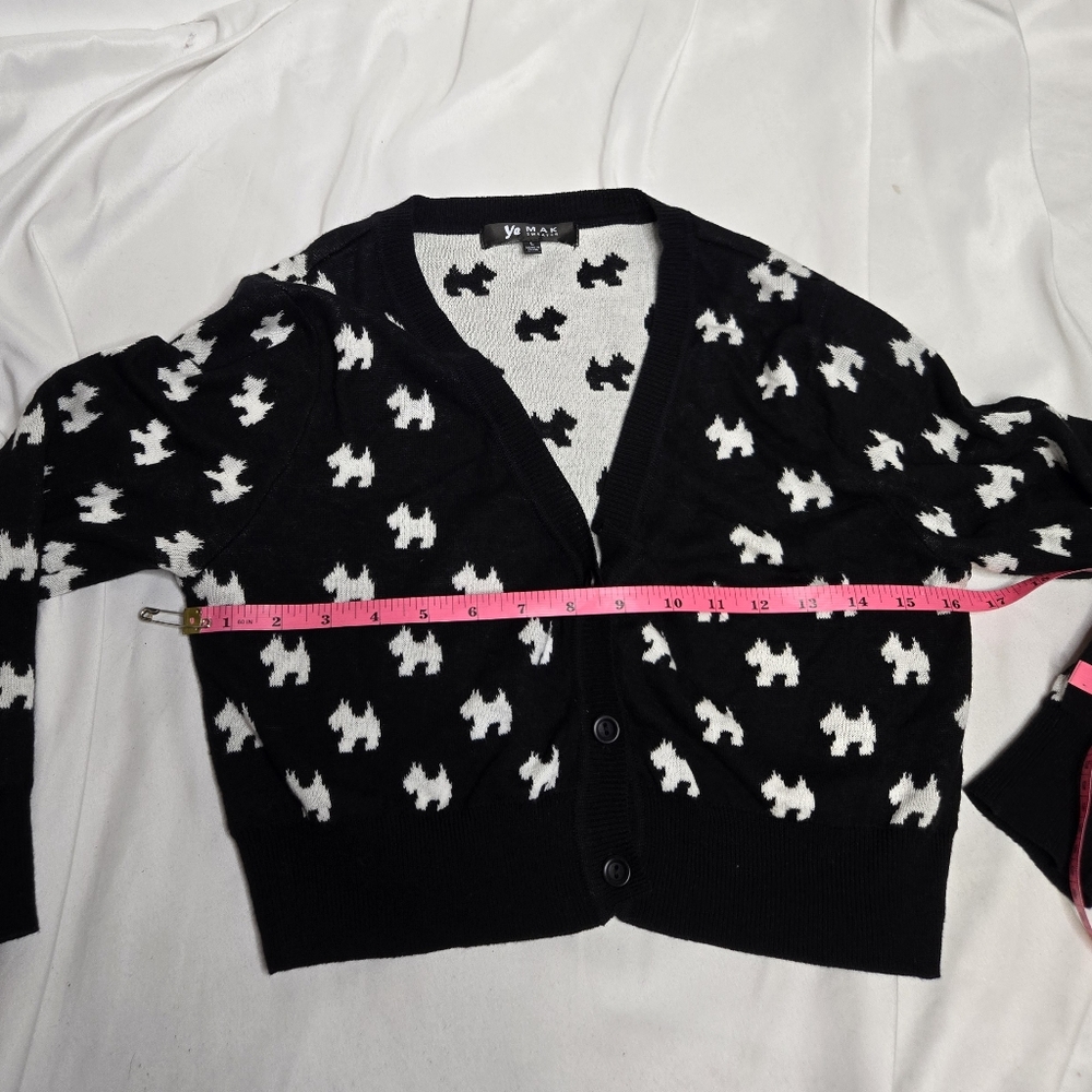 YEMAK black and white cropped Scottie dog button up cardigan sweater L - Picture 7 of 9